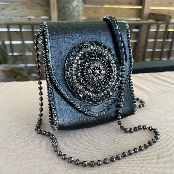 LR Leatherock Black Leather Mini Crossbody Bag Crystal Rock Pebbled Detail - Picture 2 of 16